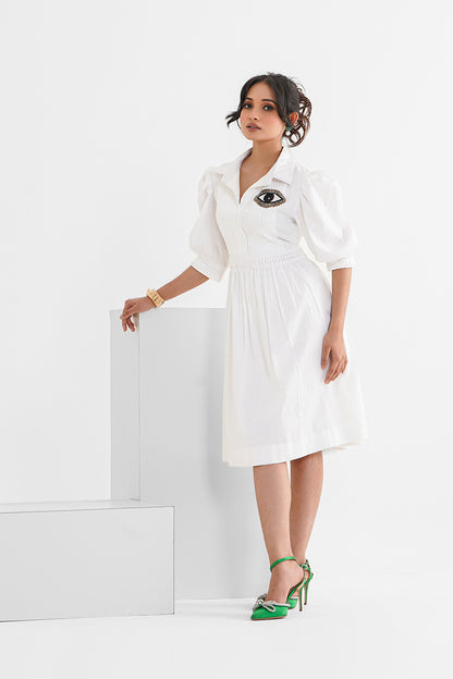 White Cotton Pleated Evil Eye Dress