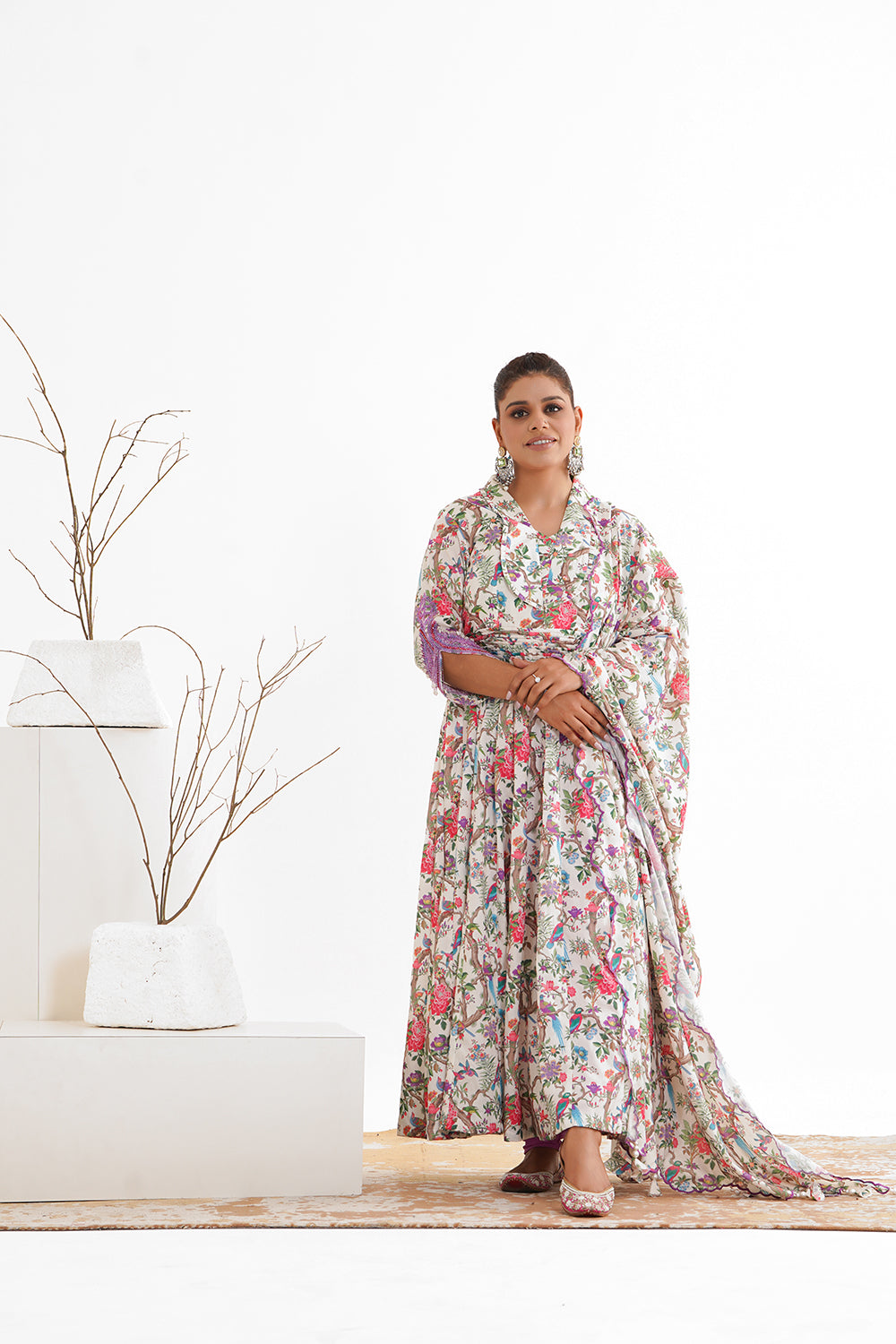 Printed Kalidaar with Hand Embroidered Sleeves