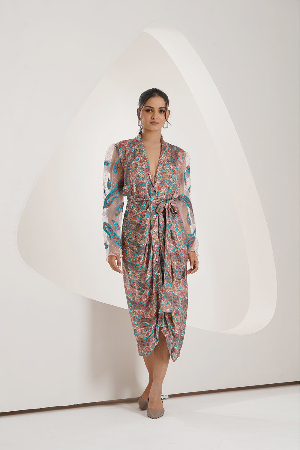 Printed Modaal Satin Drape Dress with Embroidered Patch Work Sleeves on Dot Organza Fabric