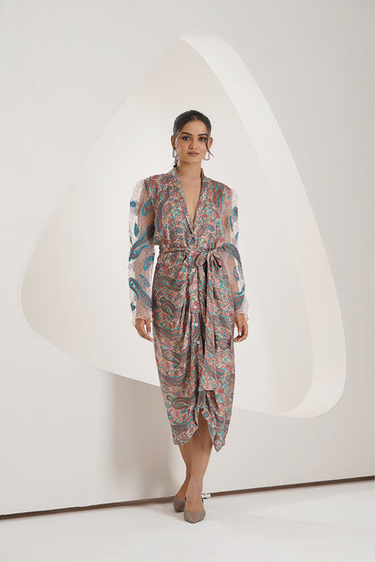 Printed Modaal Satin Drape Dress with Embroidered Patch Work Sleeves on Dot Organza Fabric