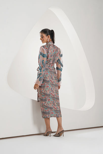 Printed Modaal Satin Drape Dress with Embroidered Patch Work Sleeves on Dot Organza Fabric