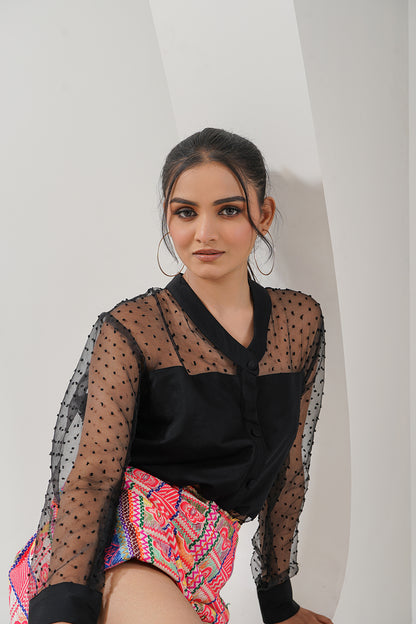 Netted Black shirt with Pink Shorts